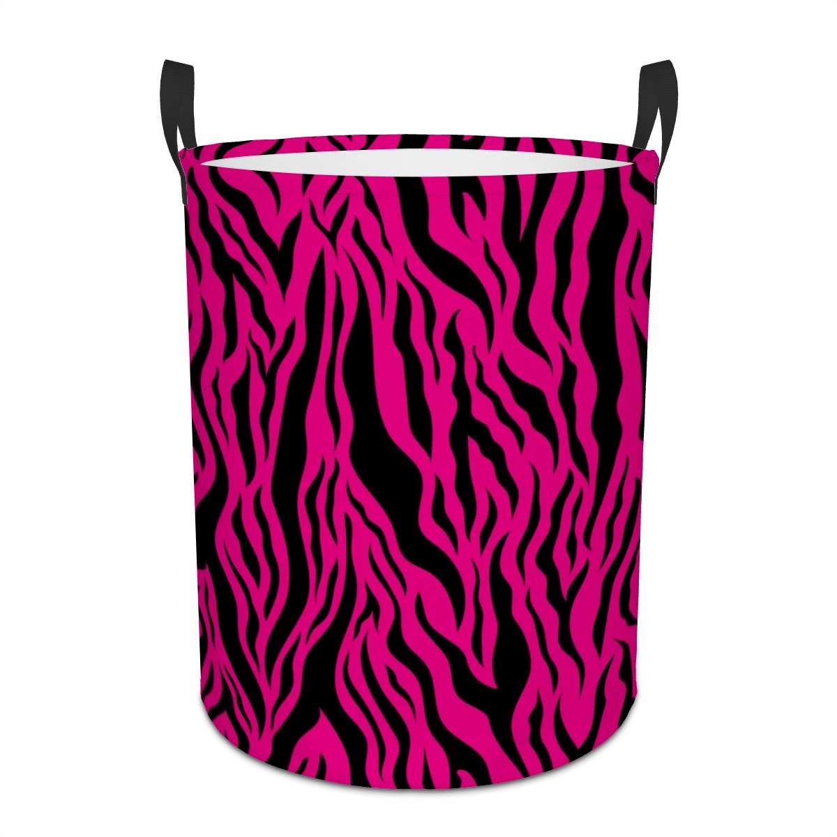 Pink and black tiger stripe animal print patterned laundry basket on a white background