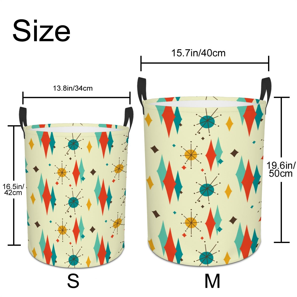 Retro 1950's Atomic Diamond and Starburst Colorful Mid Century Modern Round Laundry Hamper