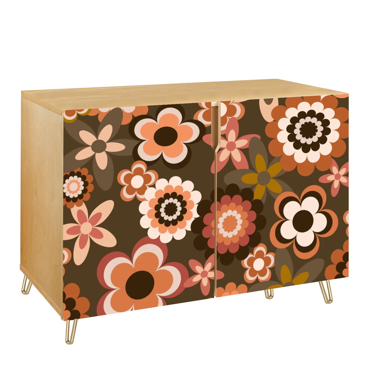 Retro 60s 70s Groovy Brown Flowers Boho Mid Century Modern Credenza, Sideboard, Wooden Storage Cabinet