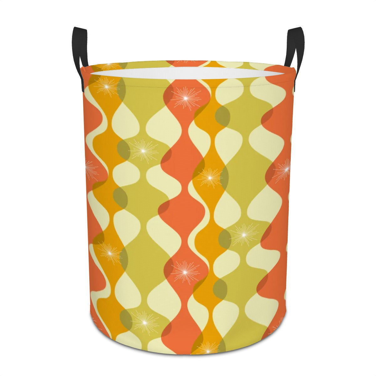 Retro 60s 70s Mid Century Mod Groovy Abstract Green, Orange & Mustard Round Laundry Hamper