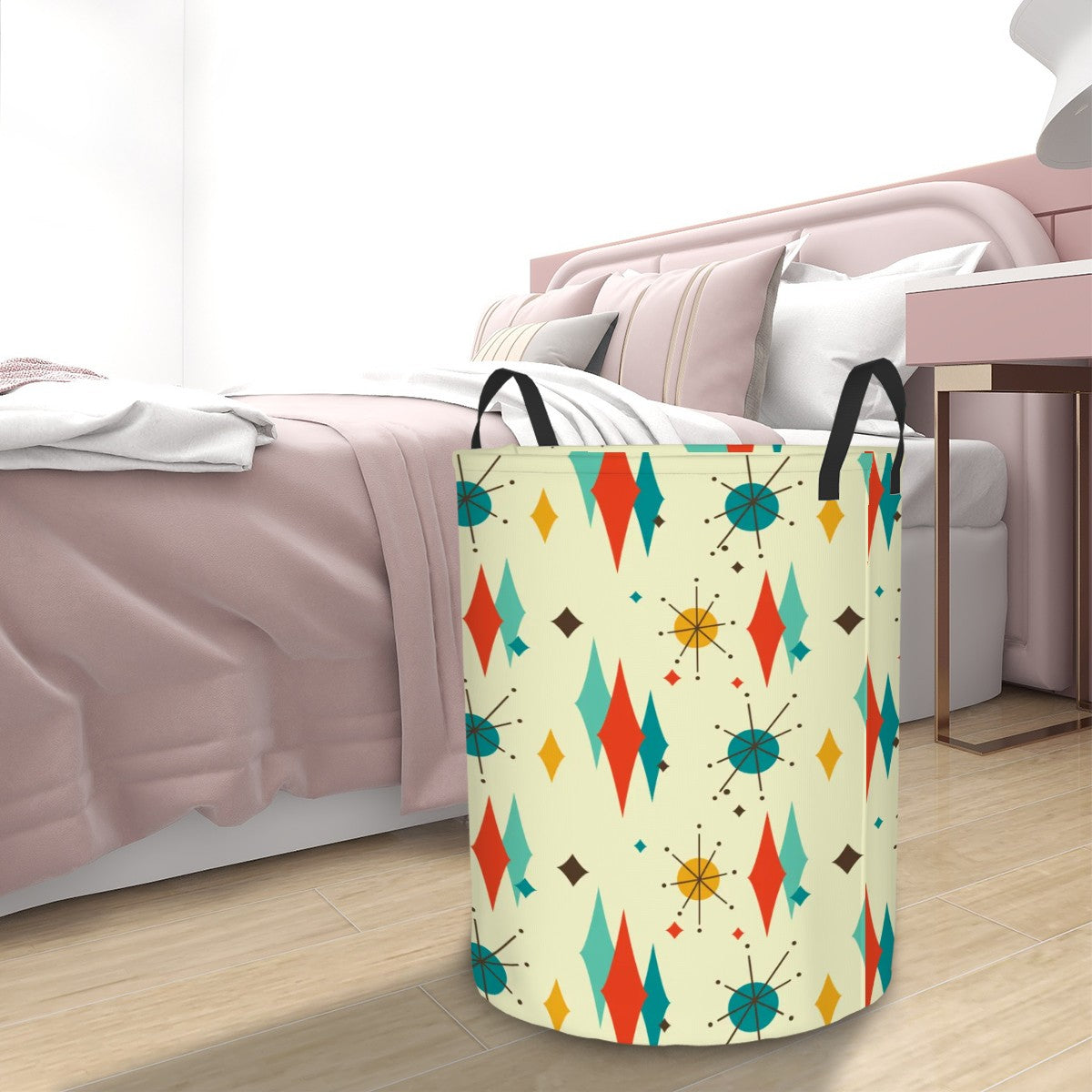 Retro 1950's Atomic Diamond and Starburst Colorful Mid Century Modern Round Laundry Hamper