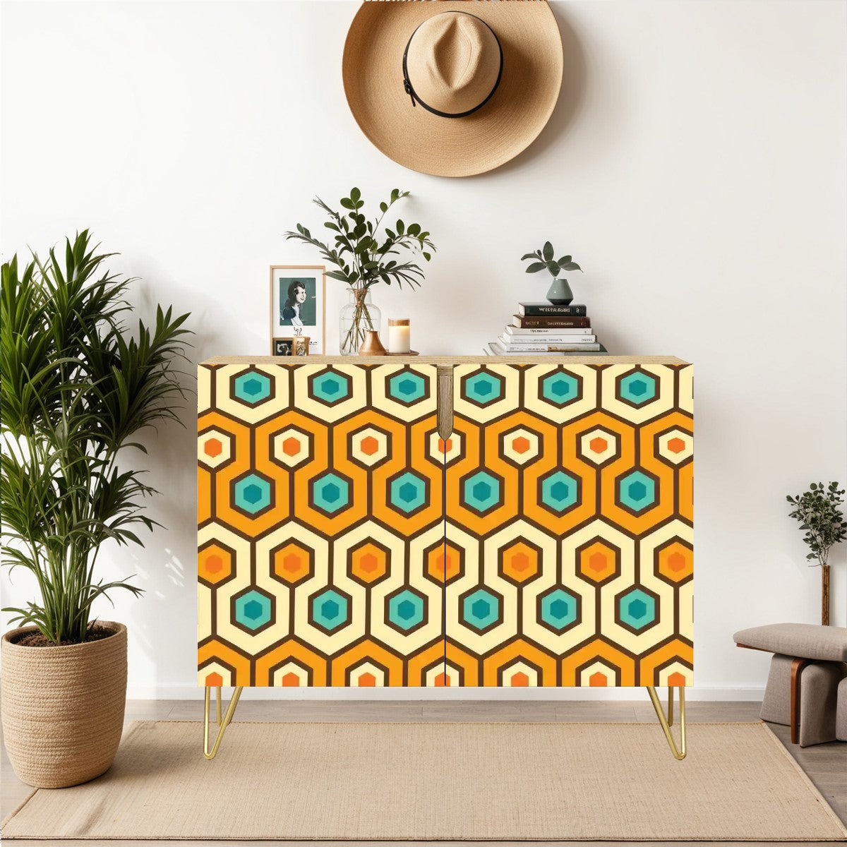 Retro 60s 70s Geometric Hexagon Mid Century Mod Orange & Teal Sideboard, Credenza, Wooden Storage Cabinet