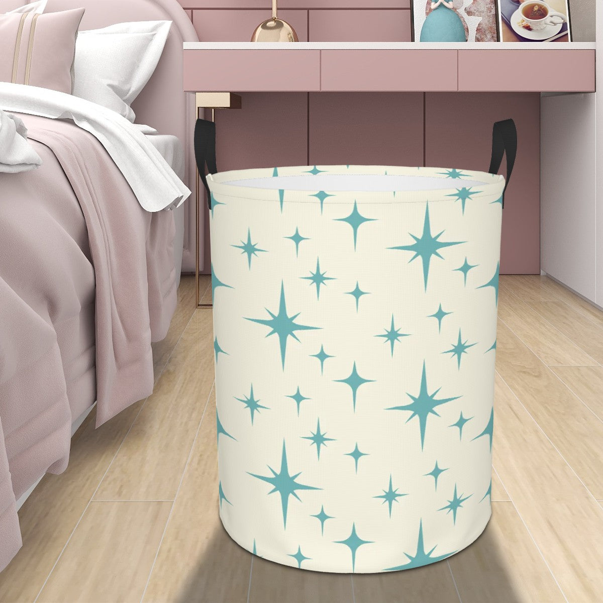 Retro 50s Atomic Starburst Mid Century Modern Blue and Off-White Round Laundry Hamper