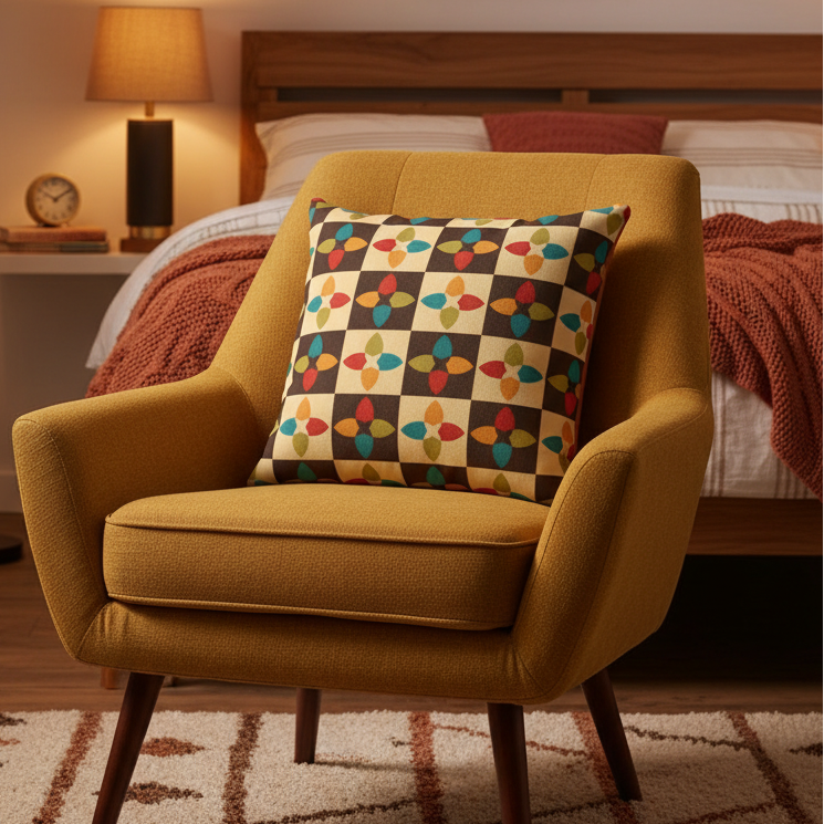 Retro MCM 60s, 70s Geometric Brown, Orange, Teal & Olive Multicolor Throw Pillow on an accent chair in a warm looking bedroom