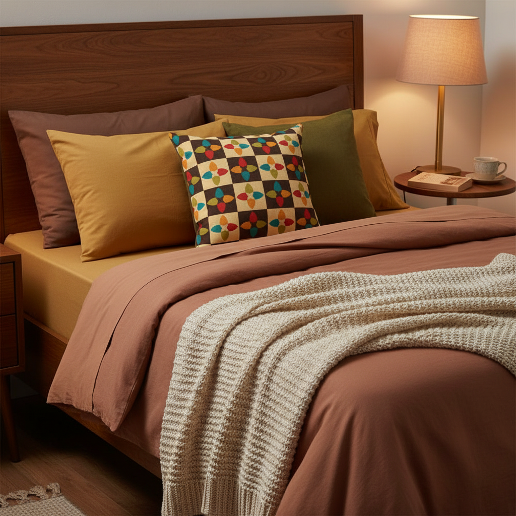 Retro MCM 60s, 70s Geometric Brown, Orange, Teal & Olive Multicolor Throw Pillow on a bed in a warm looking bedroom