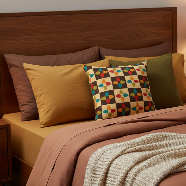 Retro MCM 60s, 70s Geometric Brown, Orange, Teal & Olive Multicolor Throw Pillow on a warm inviting bed