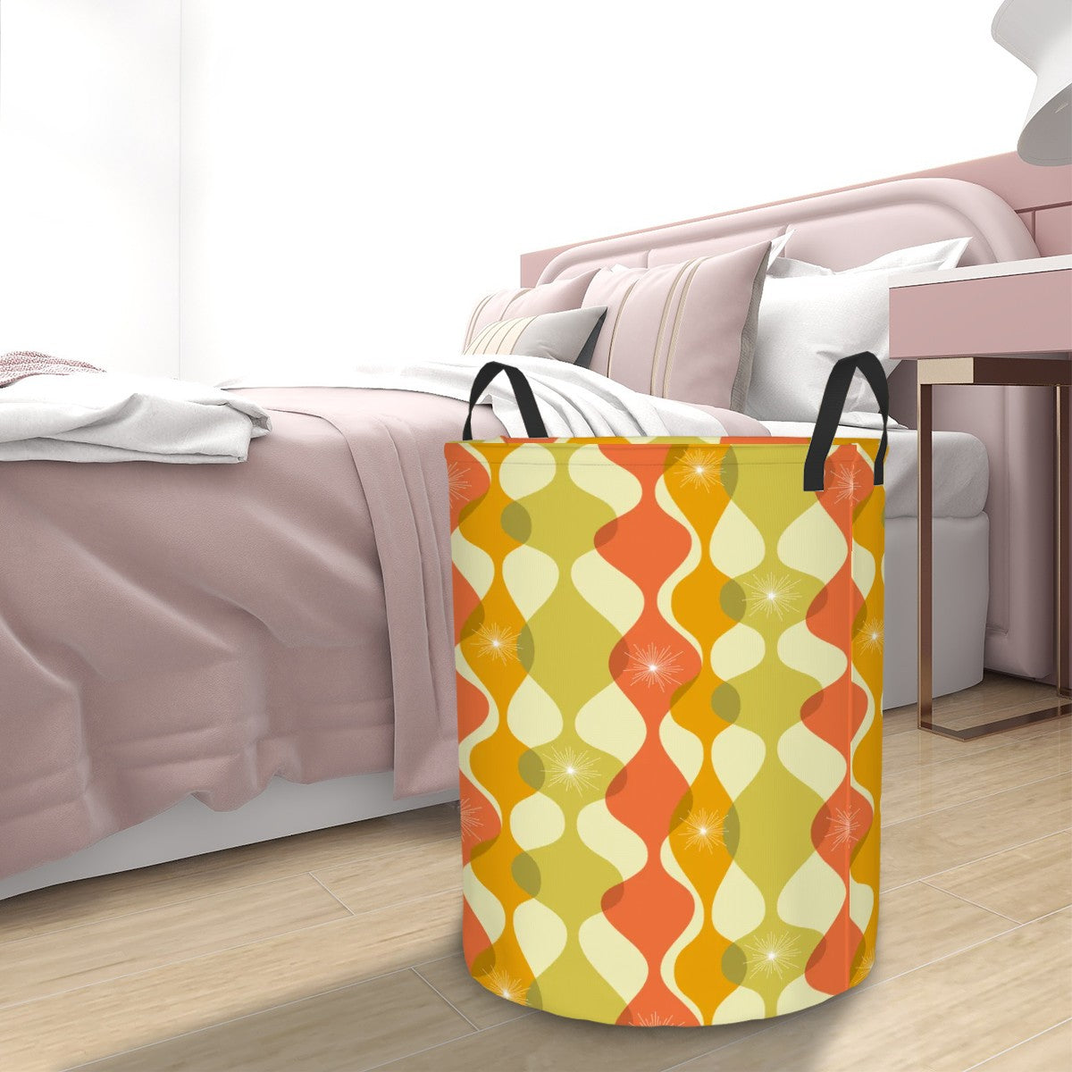 Retro 60s 70s Mid Century Mod Groovy Abstract Green, Orange & Mustard Round Laundry Hamper