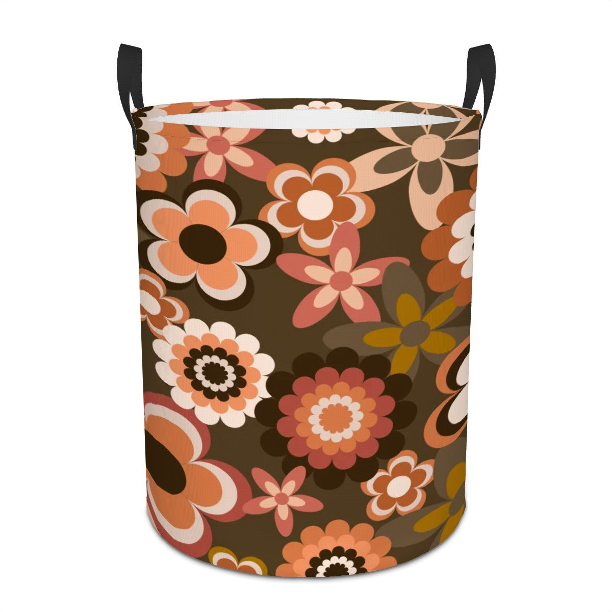 Retro 60s 70s Groovy Flowers Boho Brown and Coral MCM Round Laundry Hamper