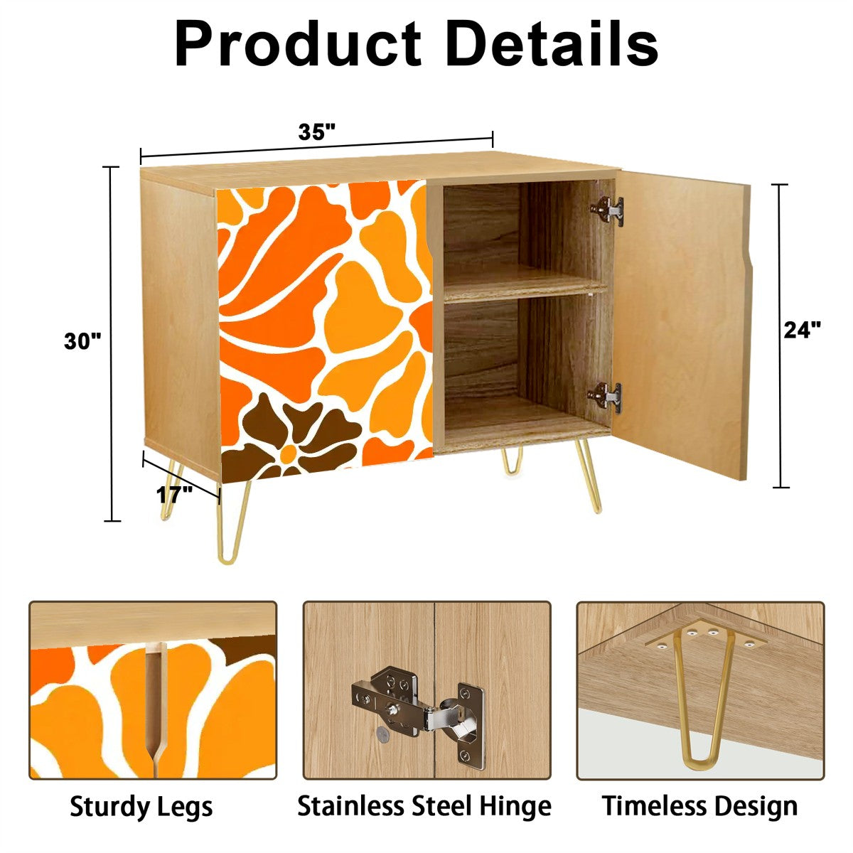 Retro 60s 70s Groovy Mod Minimalist Orange and Brown Flowers Mid Century Modern Sideboard, Credenza, Wooden Storage Cabinet