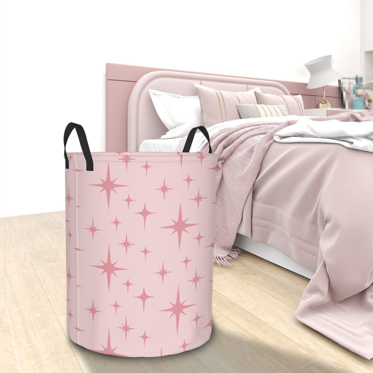 Retro 50s Atomic Starburst Pink Mid Century Modern Round Laundry Hamper