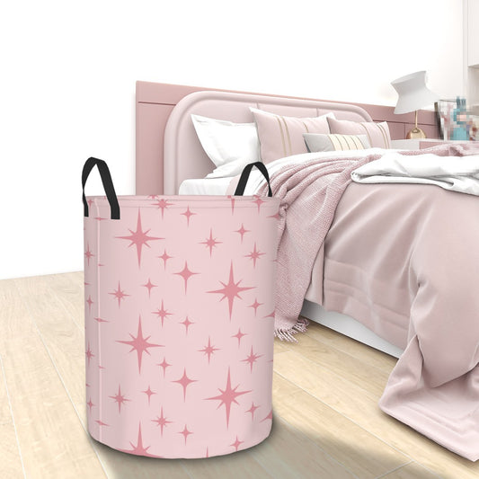 Retro 50s Atomic Starburst Pink Mid Century Modern Round Laundry Hamper