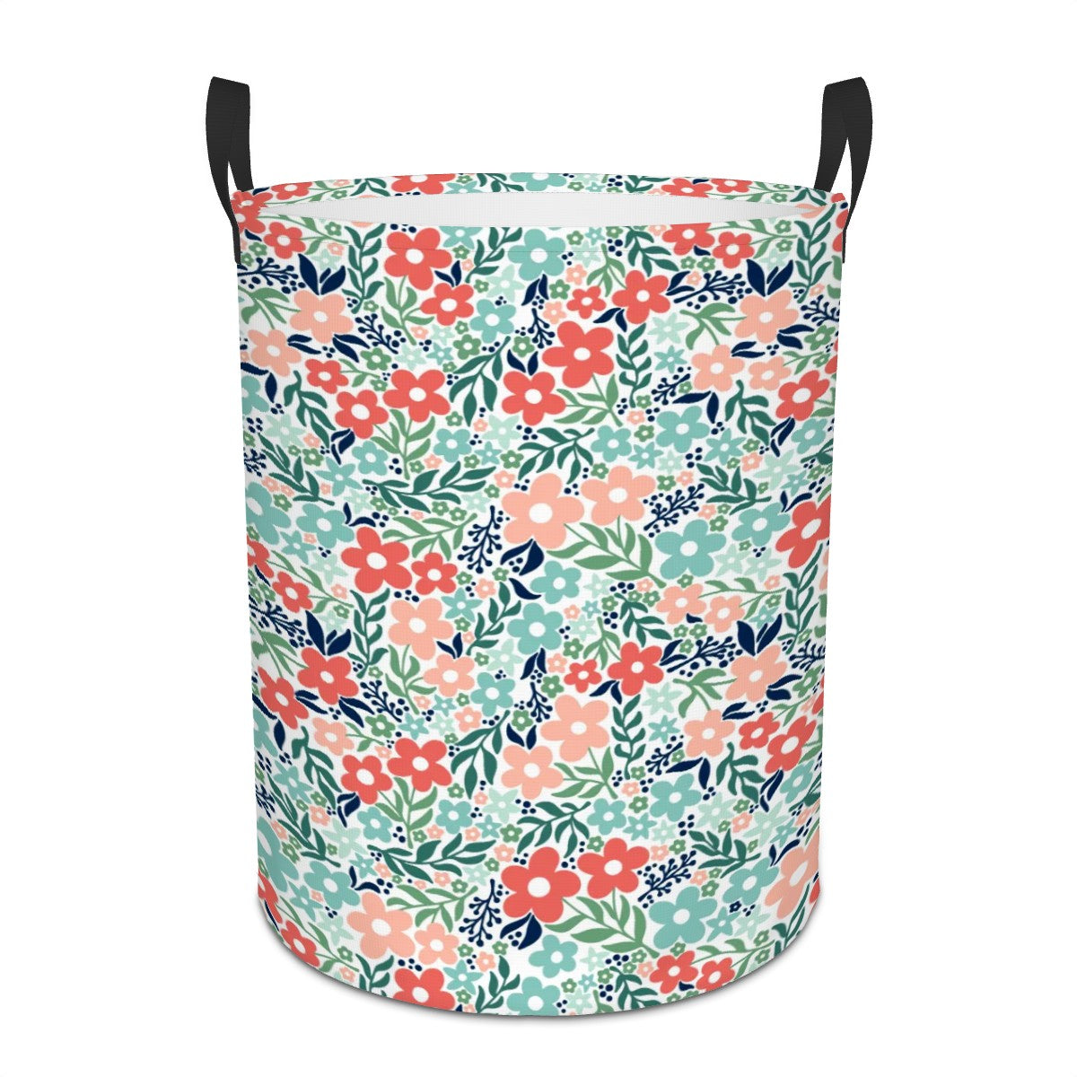 Retro Minimalist Scandi Flowers Cottagecore MCM Vintage Inspired, Coral & Teal Round Laundry Hamper