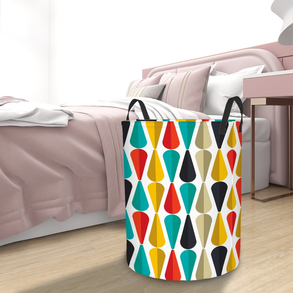 Retro 50s Mid Century Mod Bold Geometric Multicolor Round Laundry Hamper