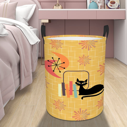 Retro 50s Atomic Cat & Starbursts Yellow Mid Century Mod Round Laundry Hamper