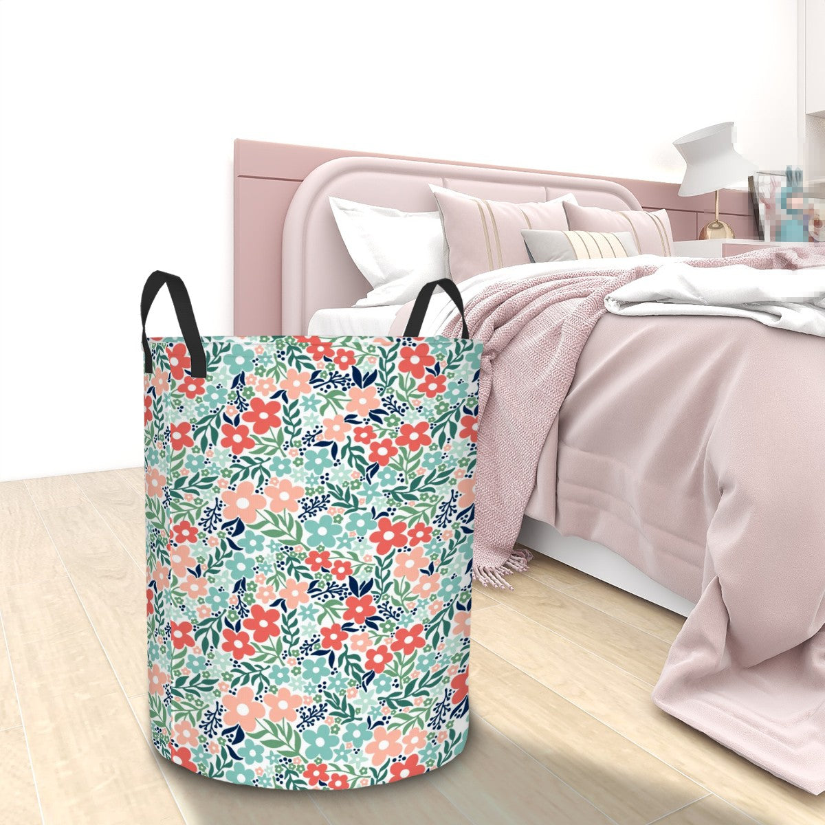 Retro Minimalist Scandi Flowers Cottagecore MCM Vintage Inspired, Coral & Teal Round Laundry Hamper