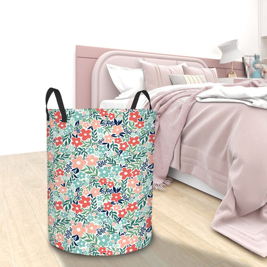 Retro Minimalist Scandi Flowers Cottagecore MCM Vintage Inspired, Coral & Teal Round Laundry Hamper