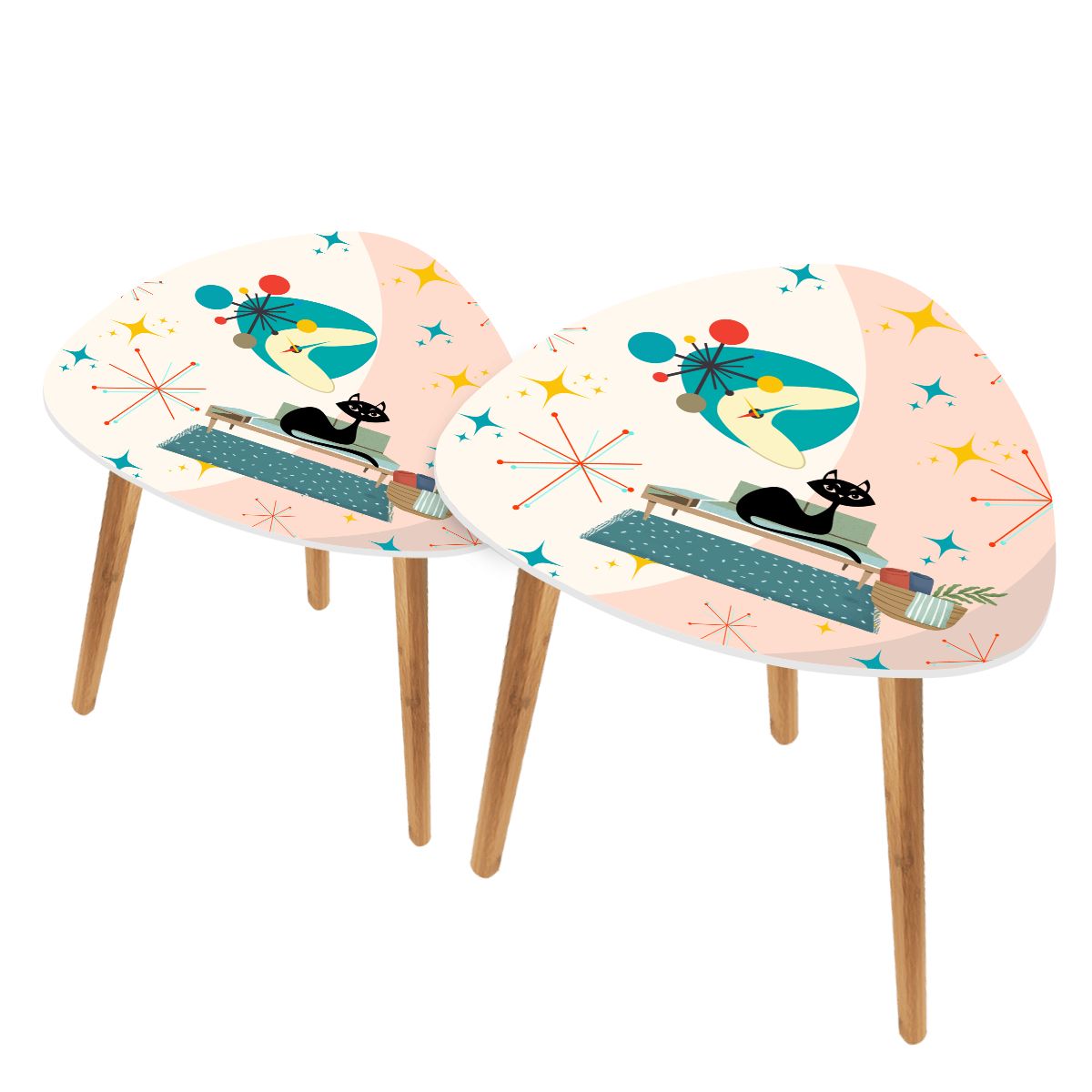 Retro 50's Lounging Atomic Black Cat & Starbursts Mid Century Mod Multicolor Nesting Accent Tables