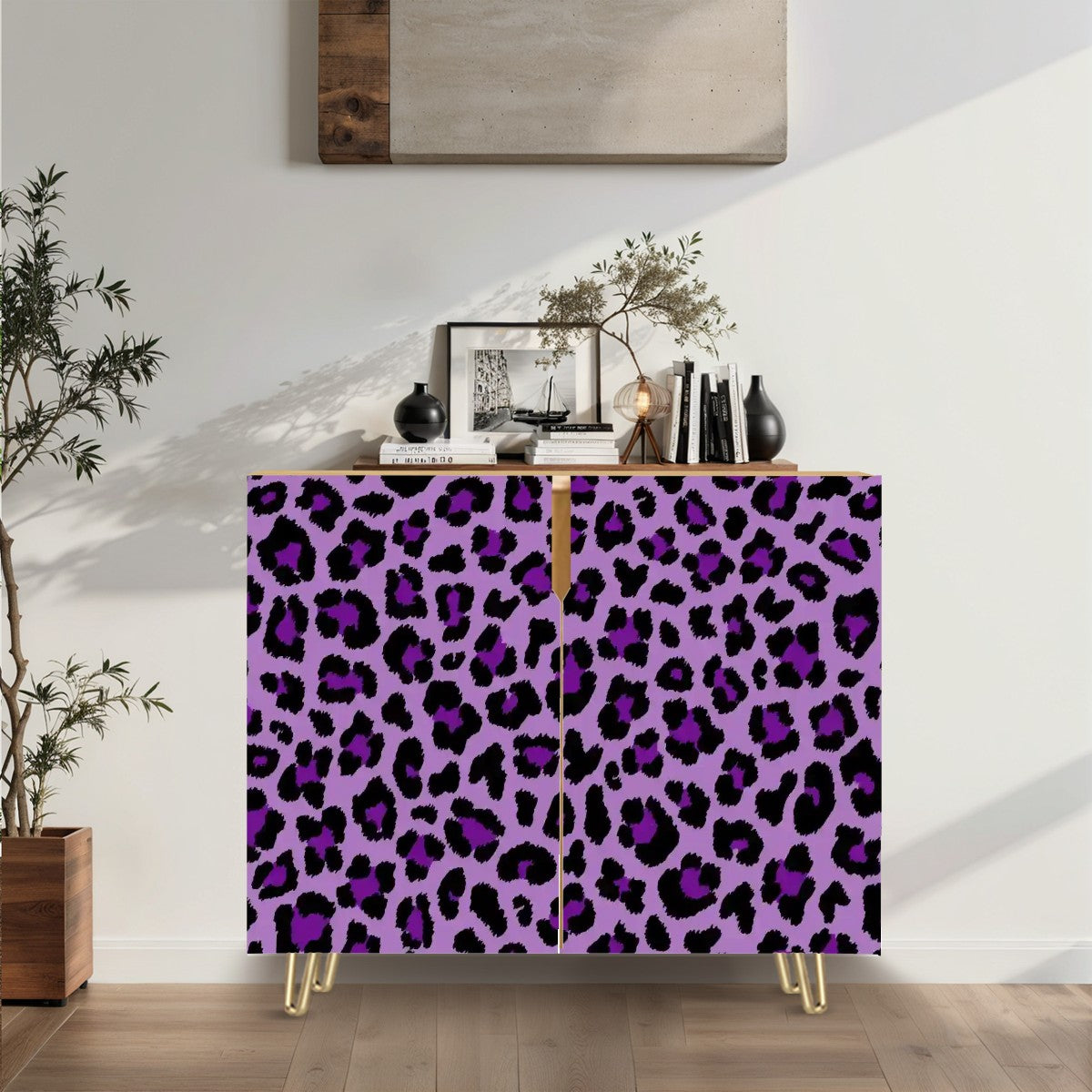 Purple Leopard Spots Cheetah Animal Print MCM Sideboard, Credenza, Wooden Storage Cabinet
