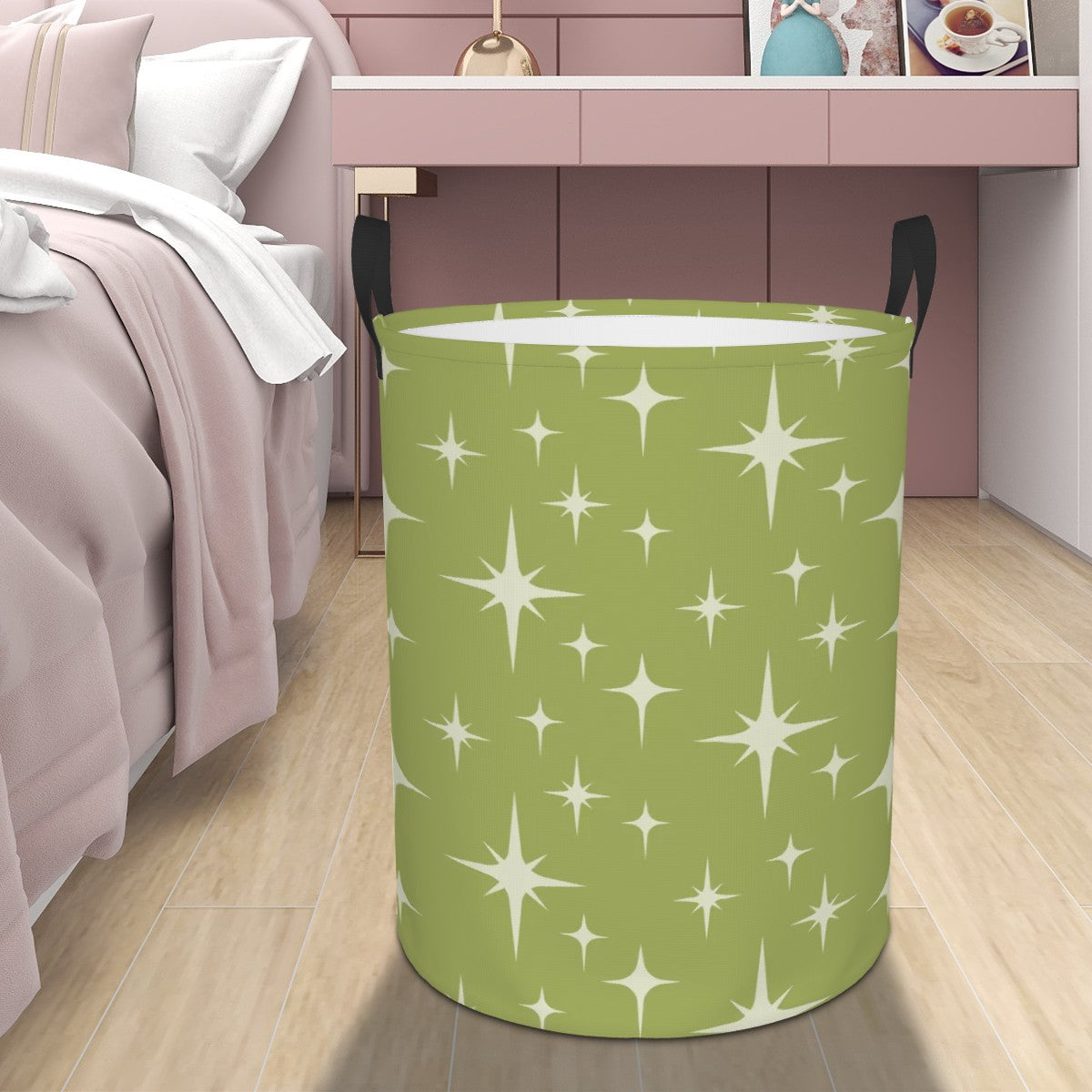 Retro 50s Atomic Starburst Mid Century Modern Chartreuse Green Round Laundry Hamper