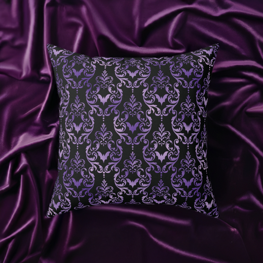 Dark Academia Damask Bat, Victorian Goth Inspired Purple & Black Glam Goth Pillow