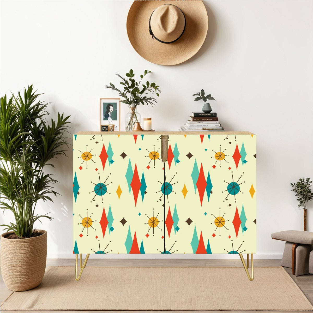 Retro 1950's Atomic Diamond and Starburst Mid Century Modern Colorful Credenza, Sideboard, Wooden Storage Cabinet