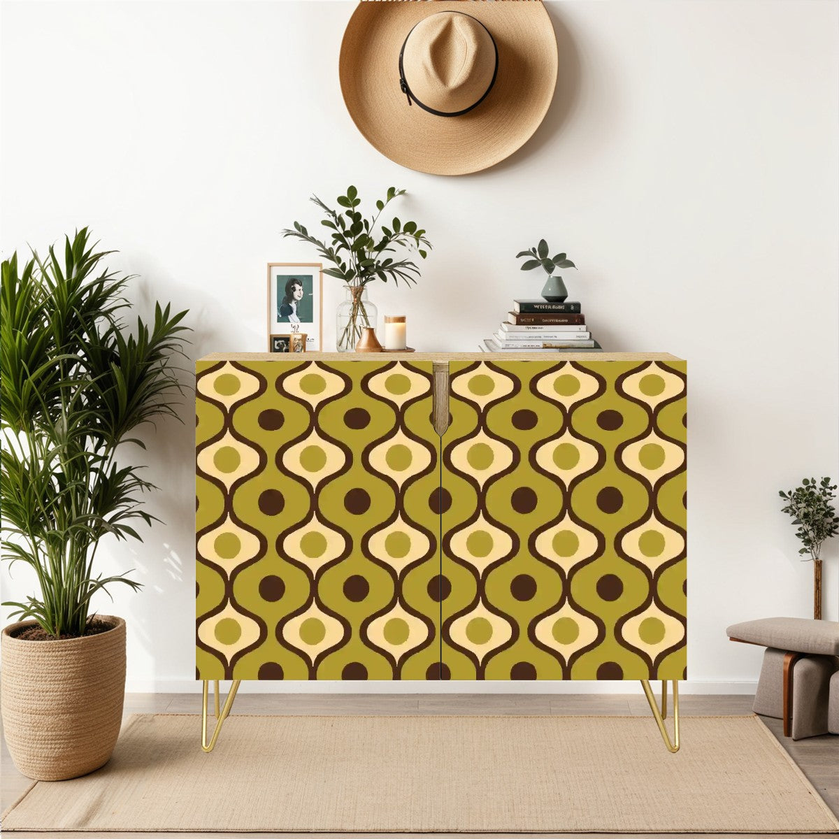 Retro 60s, 70s Geometric Mid Century Mod Green Sideboard, Credenza, Wooden Storage Cabinet