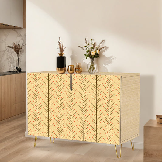 Retro 50s Mid Century Mod, Minimalist Scandi Trees, Vines Yellow Beige Sideboard, Credenza, Wooden Storage Cabinet