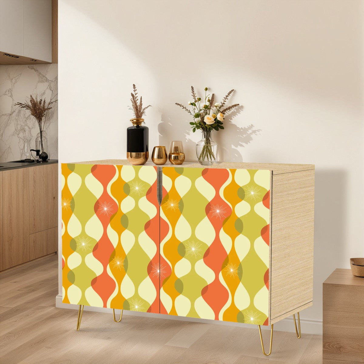 Retro 60s 70s Mid Century Mod Groovy Abstract Green, Orange & Mustard Credenza, Sideboard, Wooden Storage Cabinet