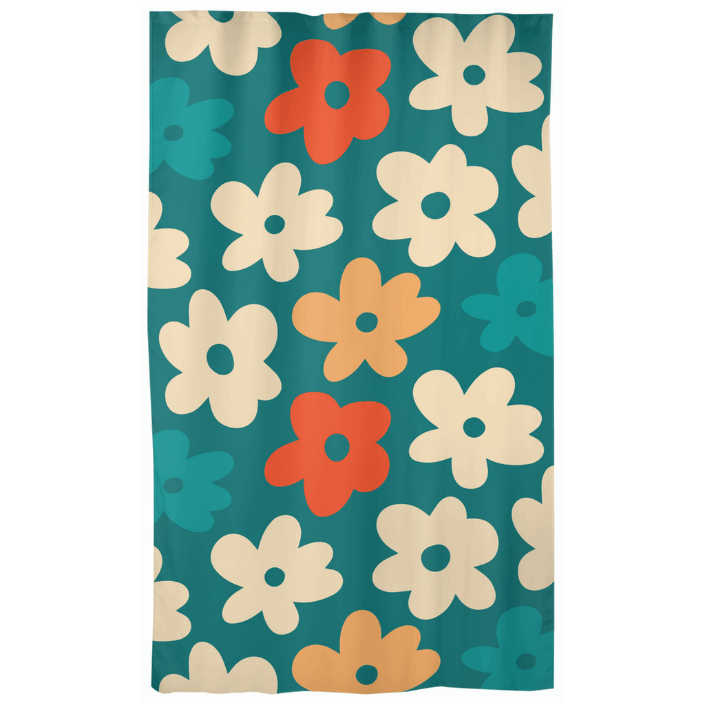 Retro Boho Flowers MCM Blue Curtain Panels | lovevisionkarma.com