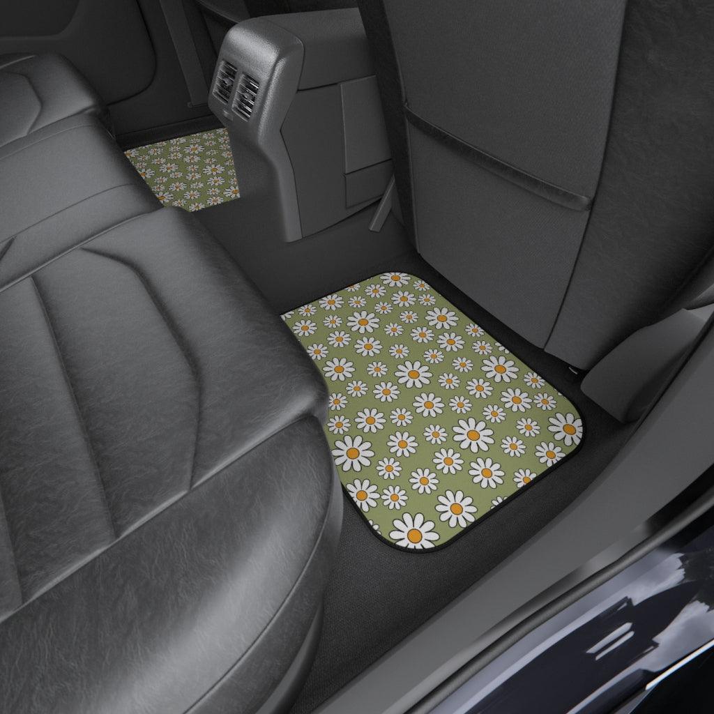 Retro Boho Daisy Sage Green MCM Car Mats (Set of 4) | lovevisionkarma.com