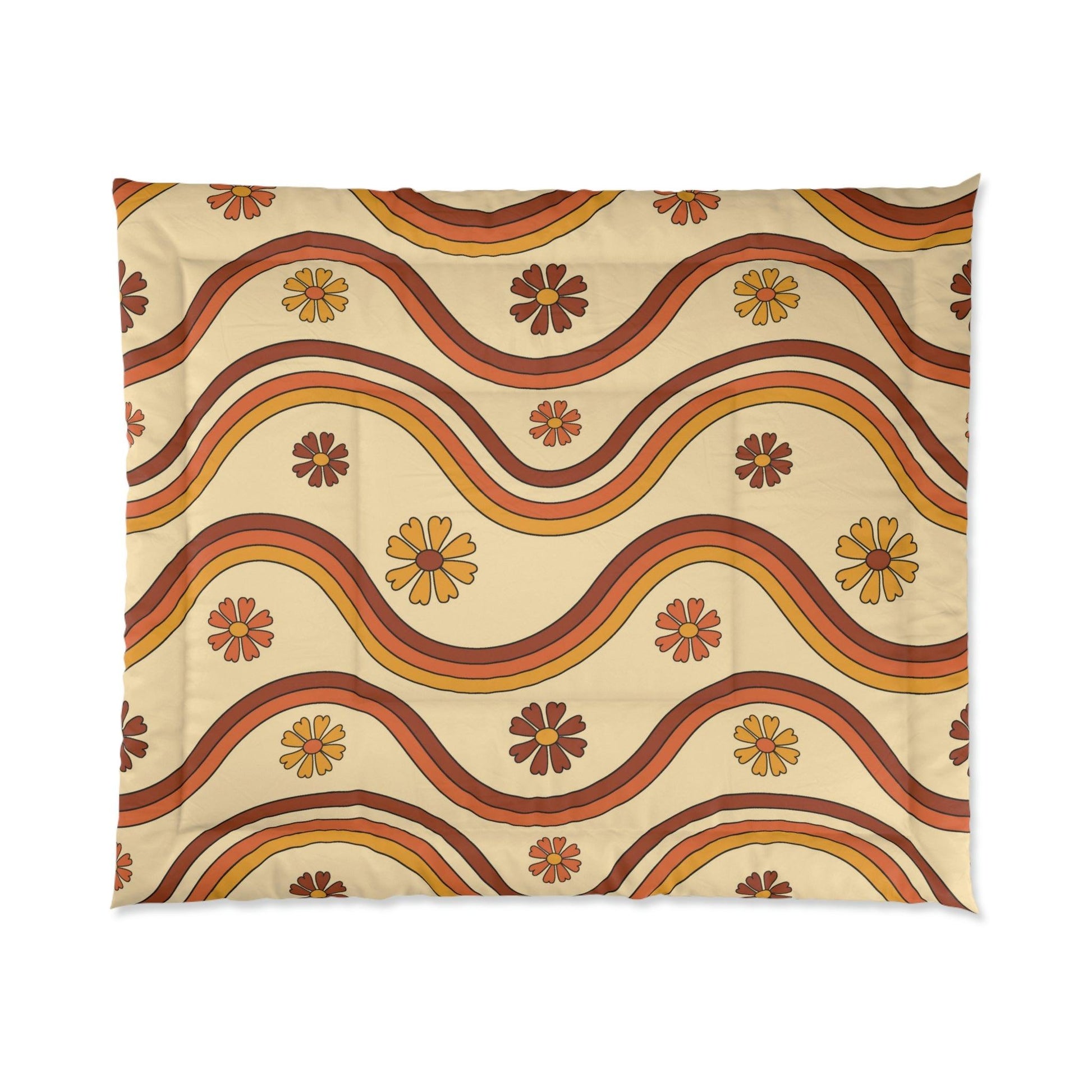 Retro 60s, 70s, Boho Flowers and Rainbow Multicolor MCM Comforter | lovevisionkarma.com