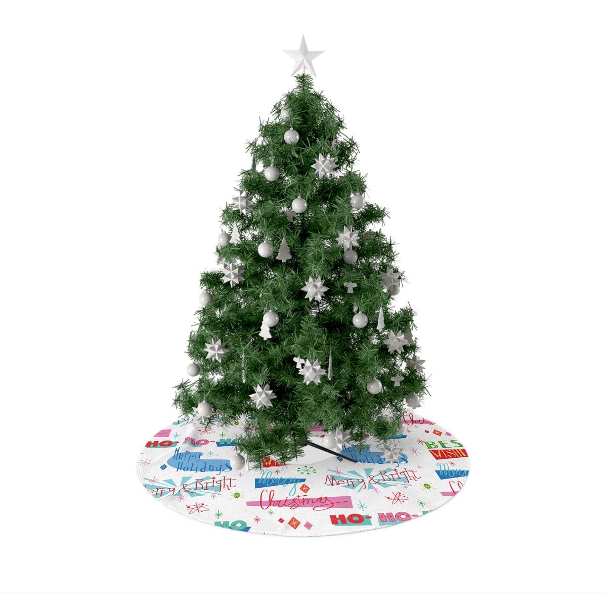 Retro 50's Inspired Atomic Greetings Christmas Tree Skirt | lovevisionkarma.com