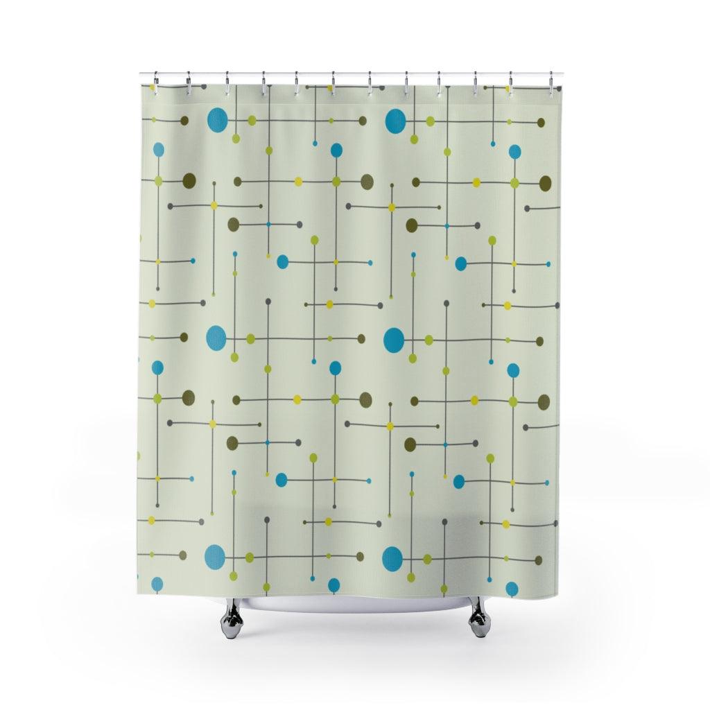 Retro 1950s, 60s Mid Century Blue & Green Lines Shower Curtain | lovevisionkarma.com