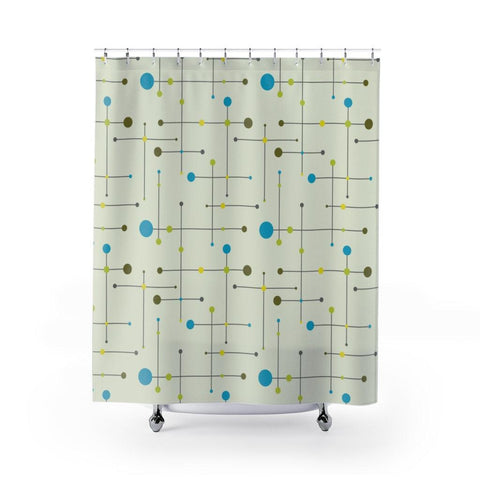 Retro 1950s, 60s Mid Century Blue & Green Lines Shower Curtain | lovevisionkarma.com
