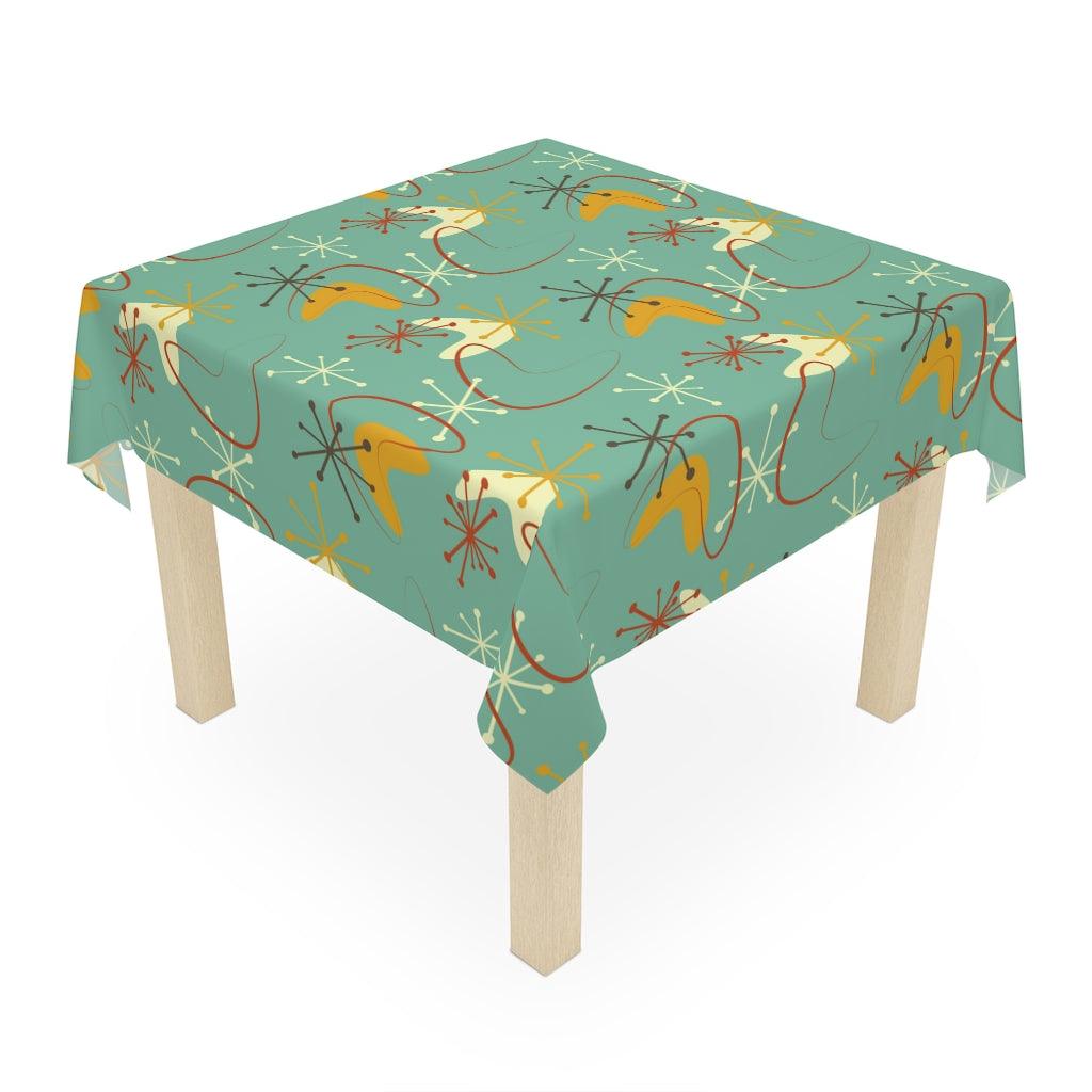 Retro Atomic Boomerang and Burst Teal and Mustard MCM Tablecloth | lovevisionkarma.com