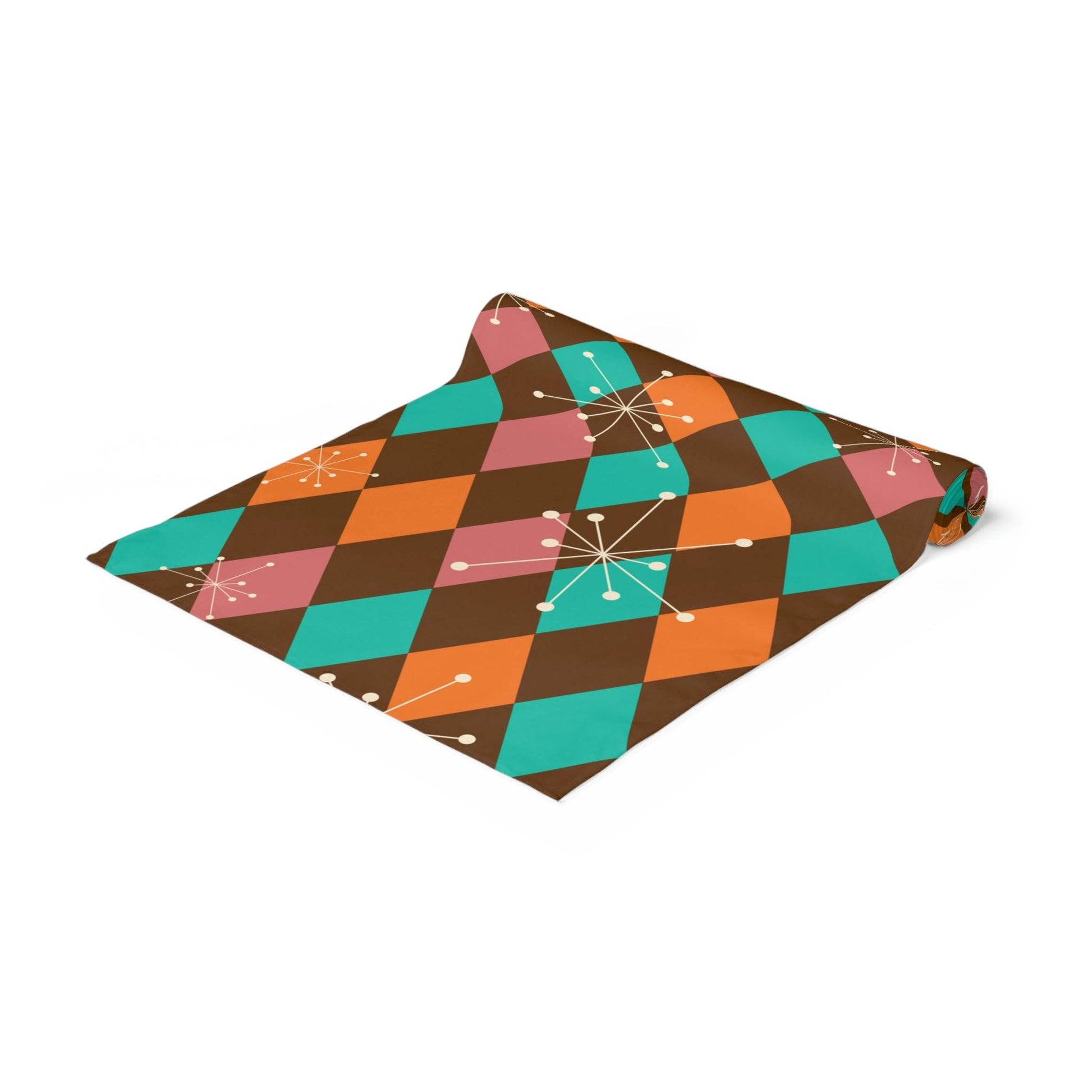 Retro Atomic Starburst Diamonds Mid Century Pink, Orange, Brown Table Runner | lovevisionkarma.com