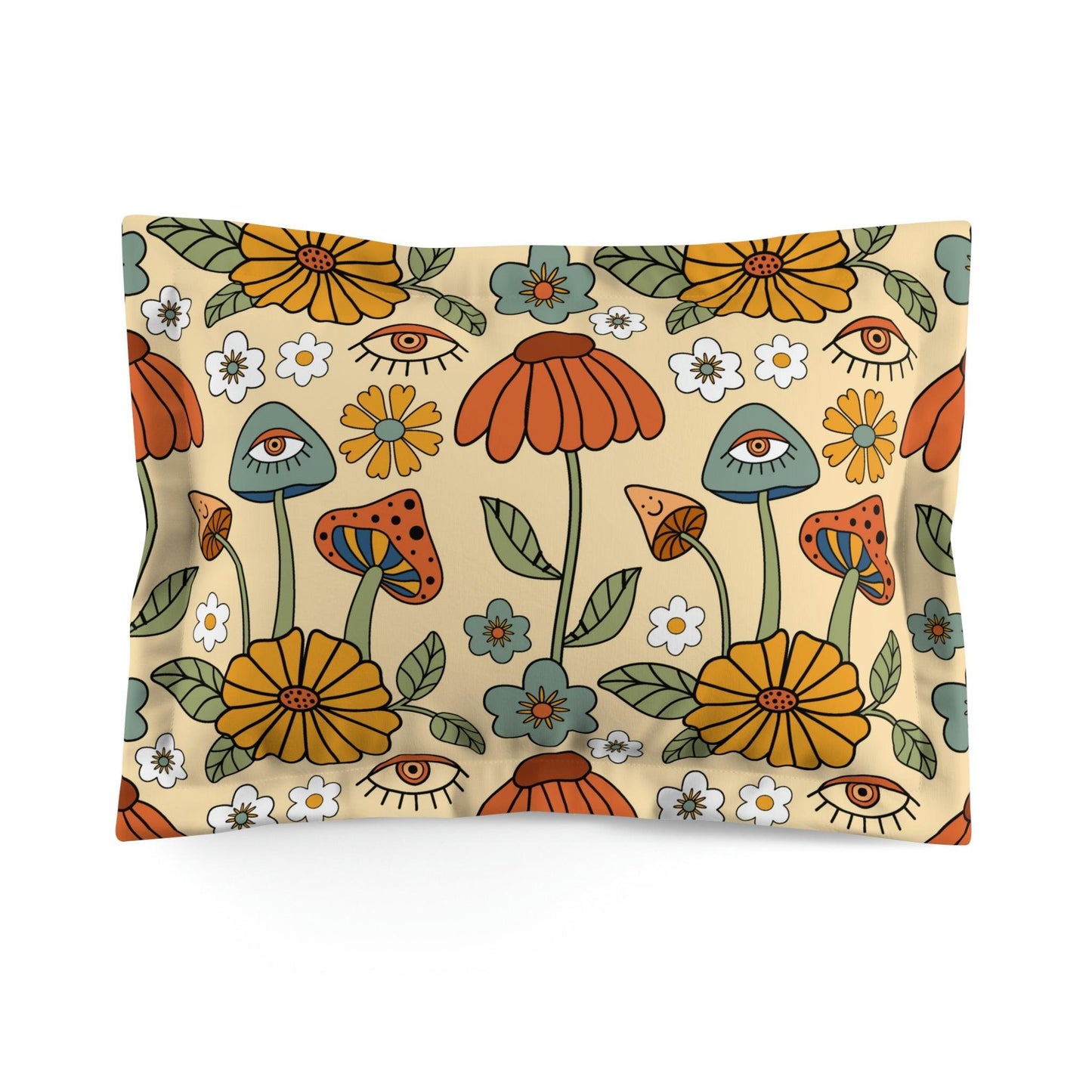 Boho Trippy Mushroom & Flowers Hippie Cottagecore MCM Pillow Sham | lovevisionkarma.com