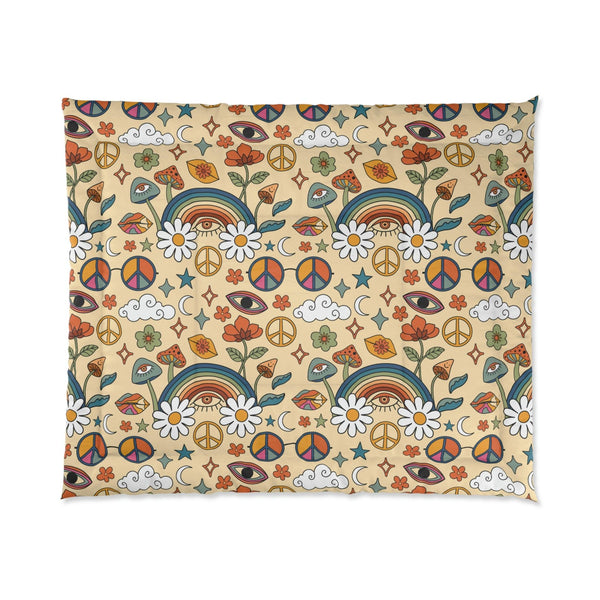 Boho Trippy Mushroom, Rainbow & Eye Hippie Cottagecore MCM Comforter | lovevisionkarma.com