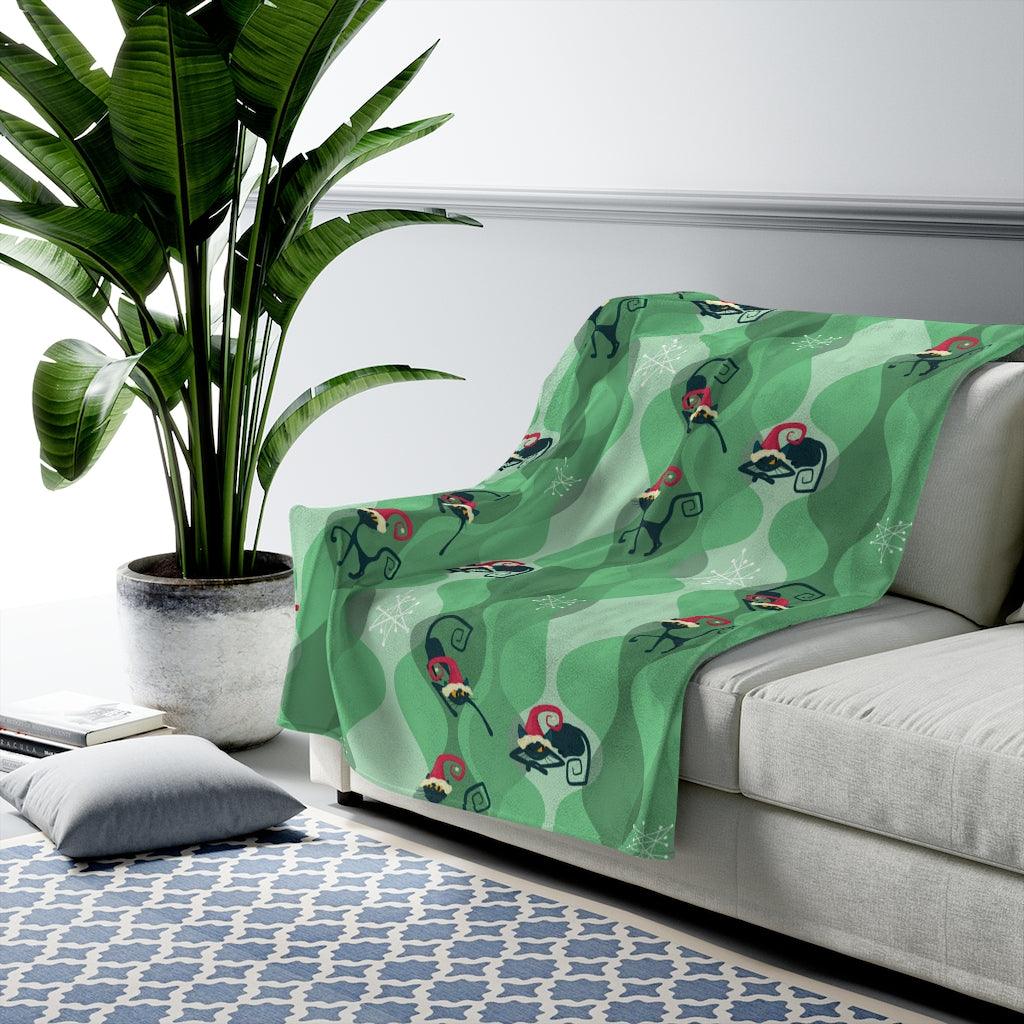 Atomic Christmas Retro MCM Cat Green Velveteen Lightweight Blanket lovevisionkarma love.vision.karma