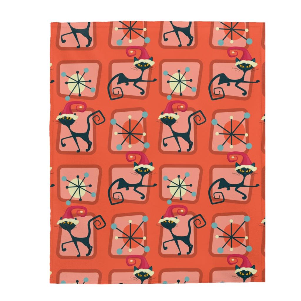 Atomic Christmas Cat Retro Mid Century Red Velveteen Lightweight Blanket | lovevisionkarma.com