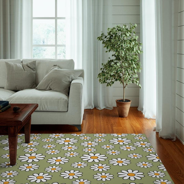 Retro 60s Boho Daisy Sage Green MCM Anti-Slip Accent Rug | lovevisionkarma.com