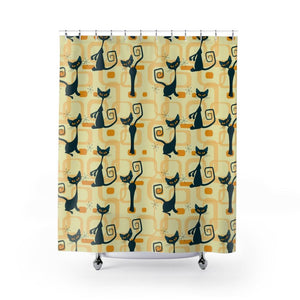 Retro Atomic Cat Mid Century Modern Yellow Shower Curtain | lovevisionkarma.com