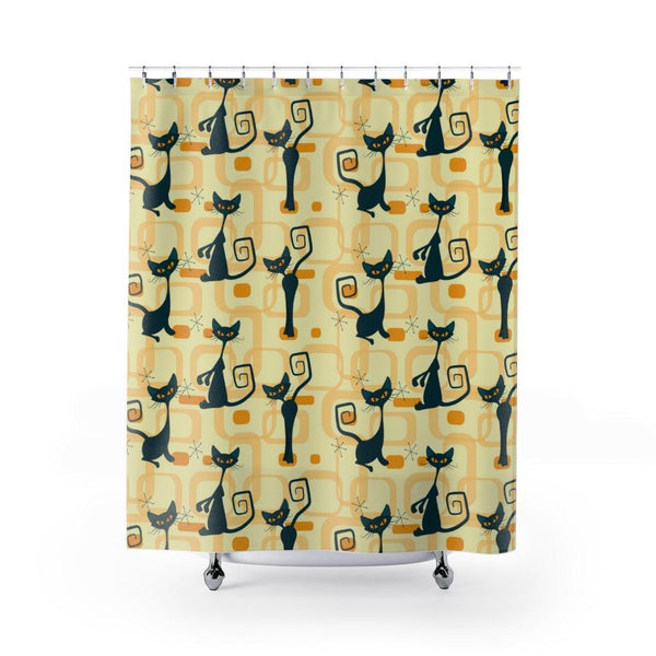Retro Atomic Cat Mid Century Modern Yellow Shower Curtain | lovevisionkarma.com
