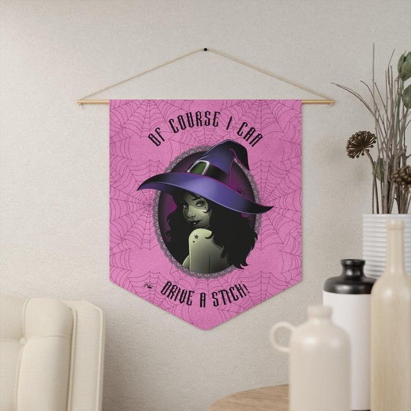 "Drive a Stick" Glam Witch Halloween Witchcore Pink & Purple Wall Pennant | lovevisionkarma.com