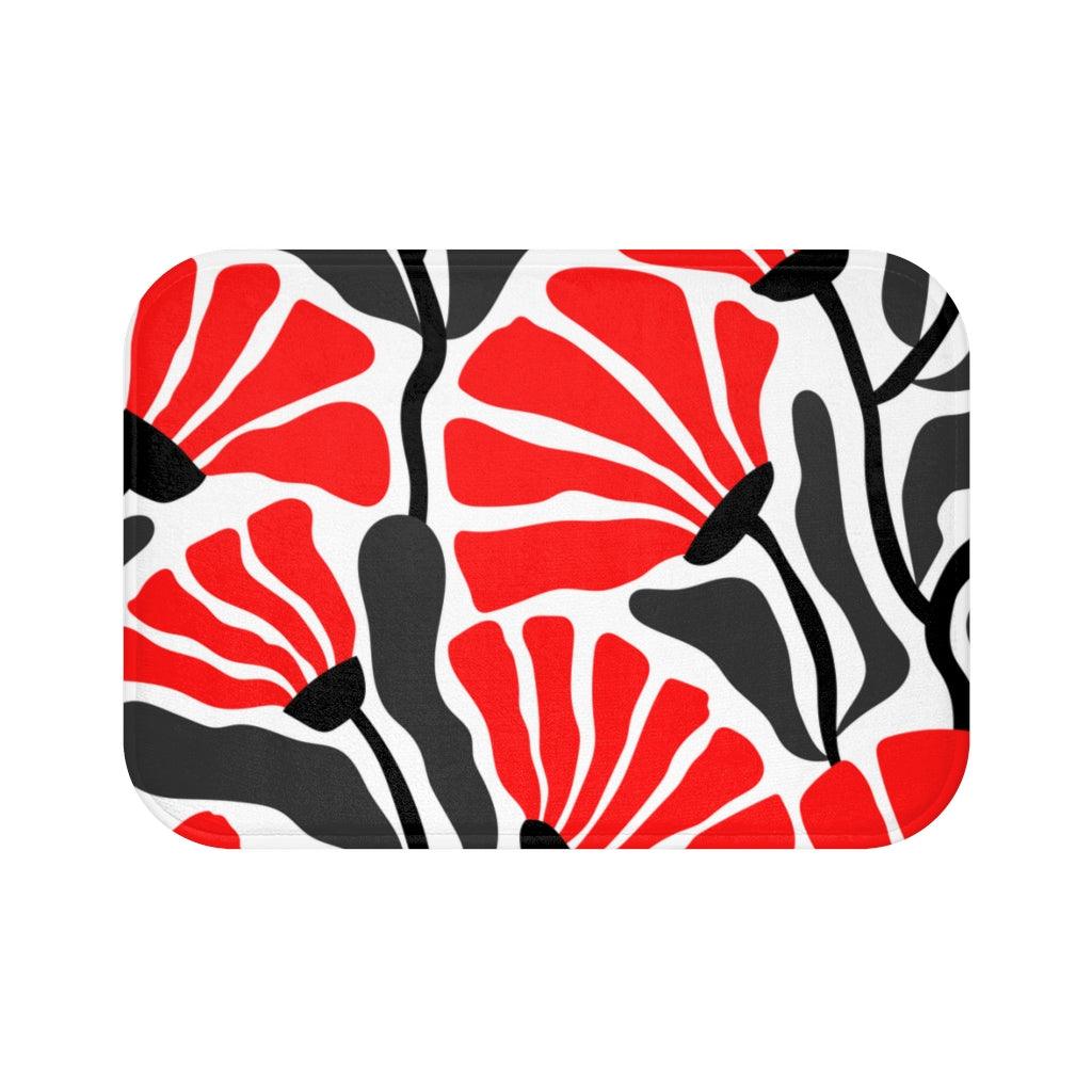 Groovy Abstract Flowers Red/Black/White/Gray MCM Bath Mat | lovevisionkarma.com