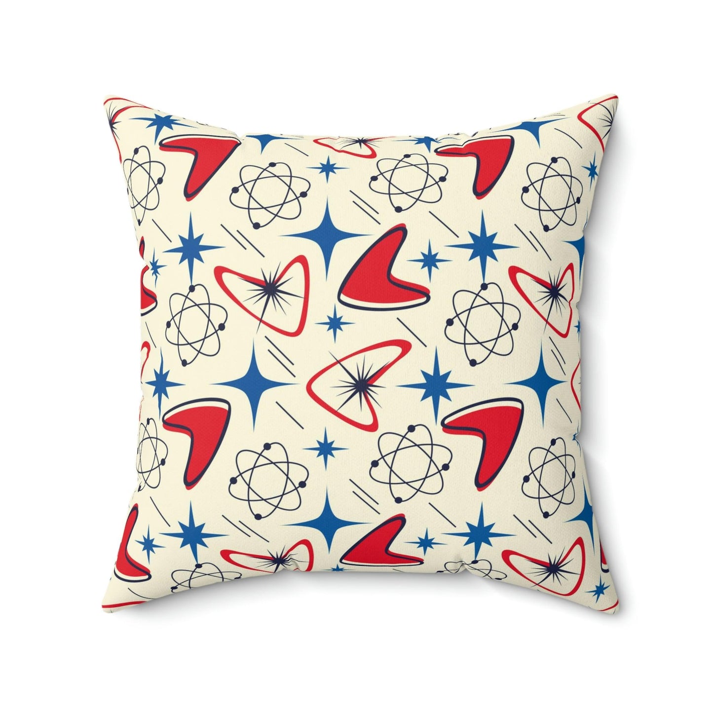 Retro 50s Atomic Boomerangs and Space Age Starburst Red, Blue and Cream MCM Throw Pillow | lovevisionkarma.com