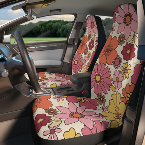 Groovy Boho Flowers Retro MCM Pink, Yellow & Orange Car Seat Covers | lovevisionkarma.com