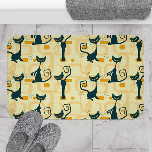 Retro Atomic Cat MCM Yellow Bath Mat | lovevisionkarma.com