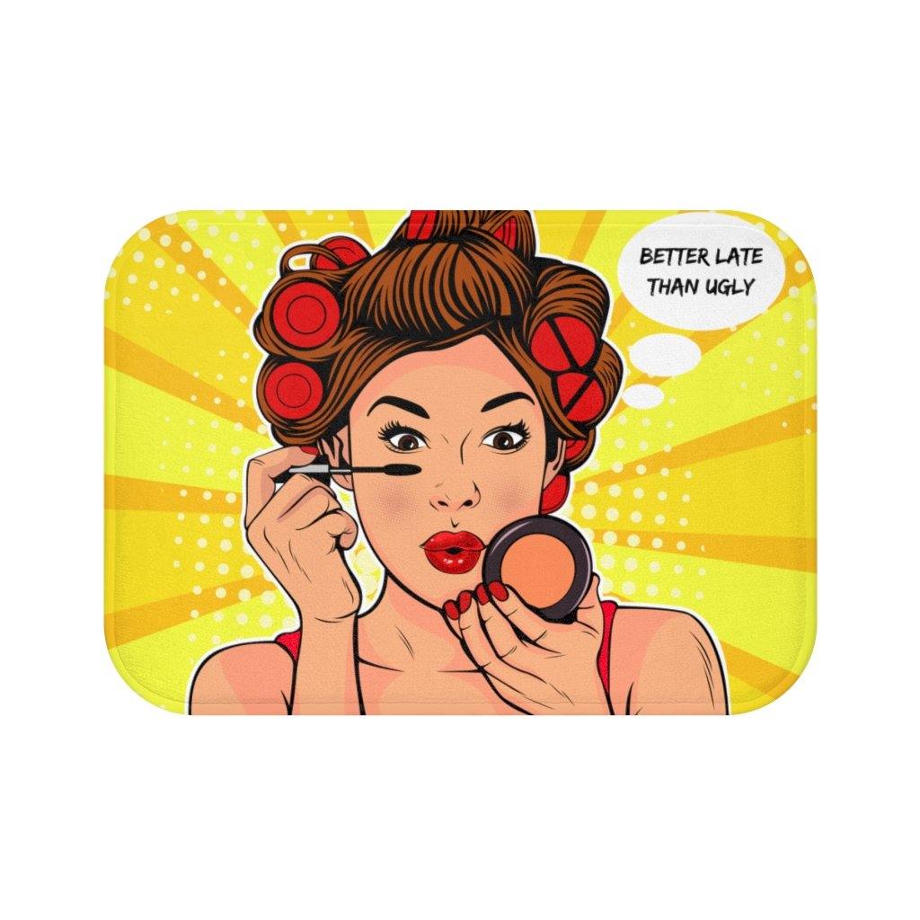 "Better Late" Comic Pop Art Funny Bath Mat | lovevisionkarma.com