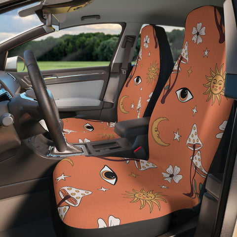Boho Mushroom, Sun & Moon Trippy Eye Cottagecore Coral Orange Car Seat Covers | lovevisionkarma.com